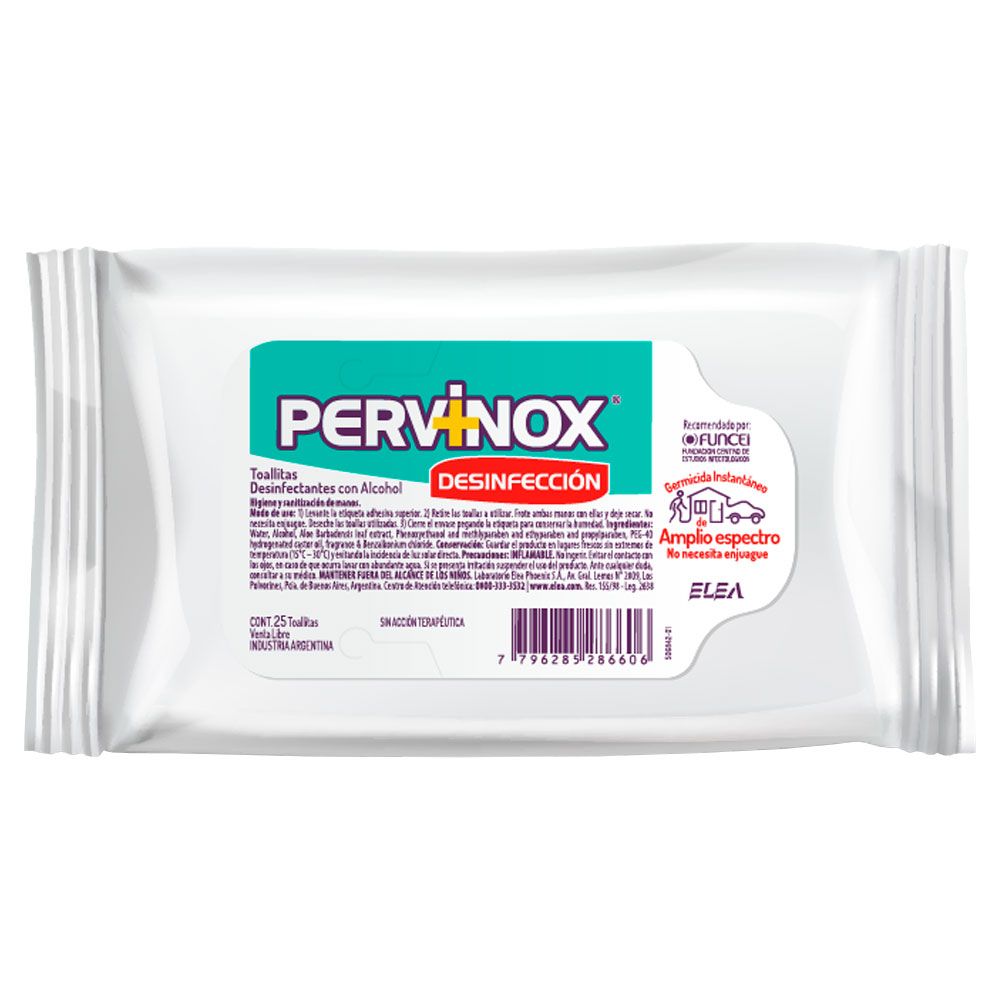 Pervinox Desinfección Toallitas Desinfectantes Con Alcohol X 25 Unidades -  Farmacia Leloir - Tu farmacia online las 24hs